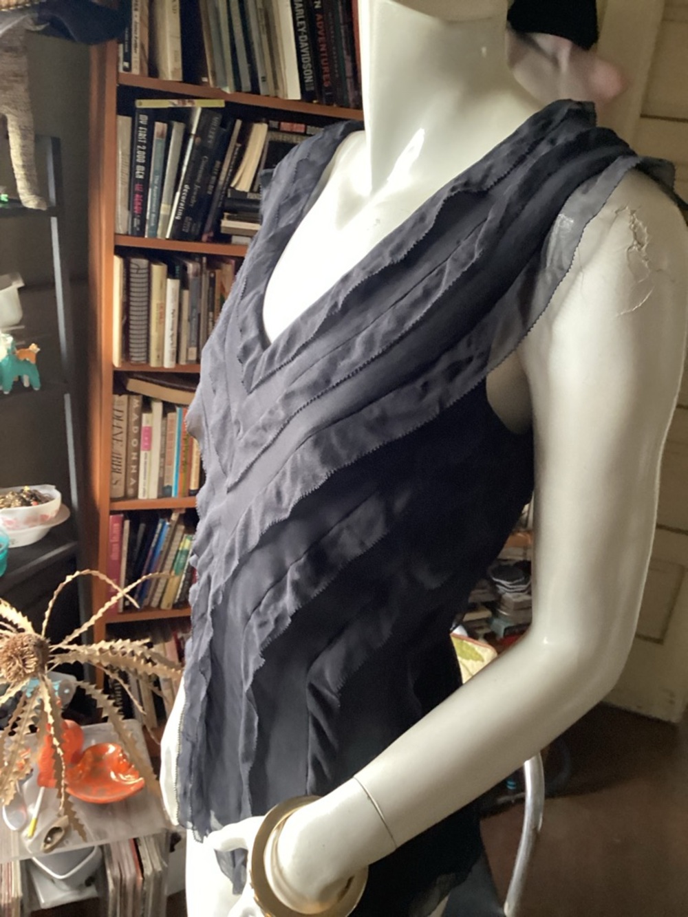 Sleeveless  silk Layered V-Neck Black Top
